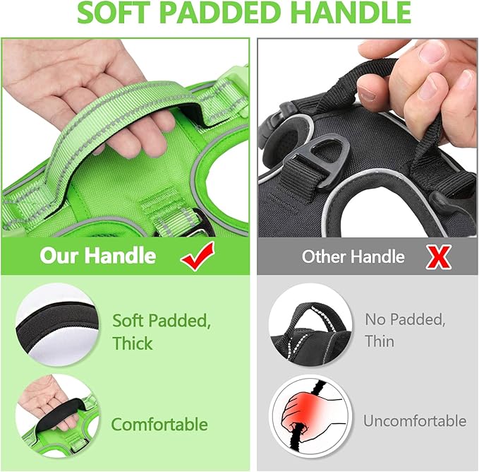 PoyPet No Pull Dog Harness, No Choke Reflective Dog Vest, Adjustable Pet Harnesses with 2 Leash Attachments with Easy Control Padded Handle for Small Medium Large Dogs(Green Matching Trim,XL)