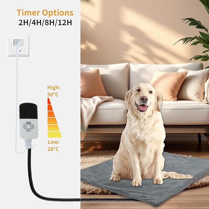 Pet Heating Pad, 9 Temperature Adjustable Electric Pet Mat with Timer, Indoor Waterproof Heated Dog Bed with Chew-Proof Cord, Grey, 18x28in