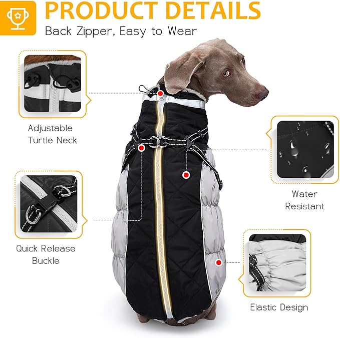 Dog Winter Coat with Harness, Dog Jacket, Pet Clothes with Zipper on Back, Waterproof Windproof Warm Vest, Reflective Cold Weather Coats, for Small Medium Large Dogs, Thick, Black, S
