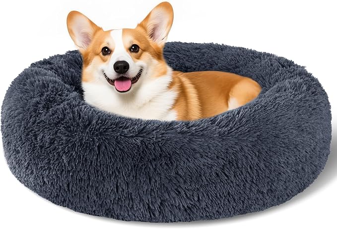 Dog Calming Beds for Small Medium Large Dogs - Round Donut Washable Puppy Dog Bed, Anti-Slip Faux Fur Fluffy Donut Cuddle Anxiety Cat Pet Bed(28" Dark Grey)
