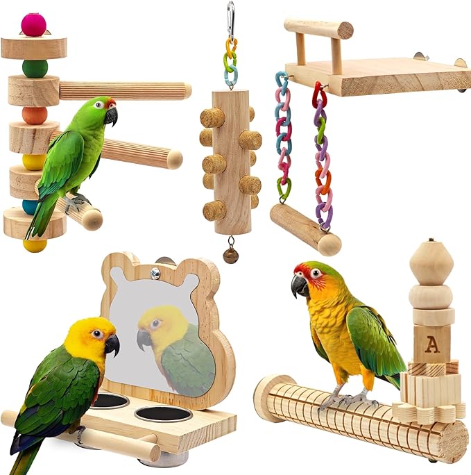 5PCS Bird Perch and Toy Set. Includes a Perch, Feeder, Swing, and Chew Toy. Hangable Natural Solid Wood Birdcage Accessories, Suitable for Small Budgies, Cockatiels, Conures, Lovebirds, Etc.