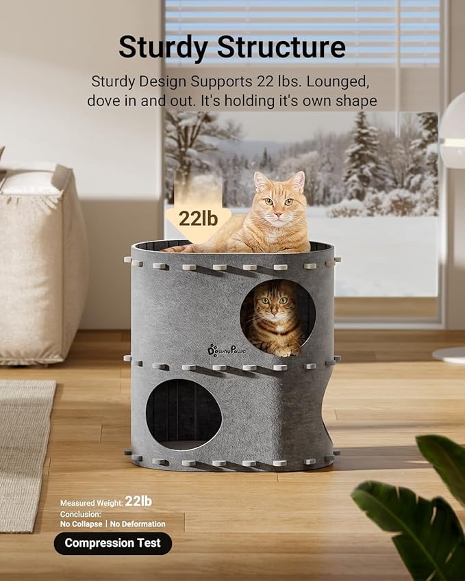 DownyPaws Cat House for Indoor Cats, 2-Storey Foldable Cat Bed Cave, Felt Cats Tunnel Bed Condo, Castle Kitten Cube Hideaway for Multicats, Scratch Resistant, Light Gray