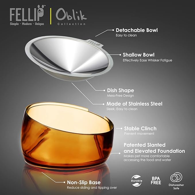 Felli Pet Oblik Anti Whisker Fatigue & Regurgitation Raised Cat Food Water Bowl, Tilted Stainless Steel Shallow Dish Dishwasher Easy Clean, Elevated Dry Wet Metal Feeder Slanted Plate (0.5Cups, Gold)