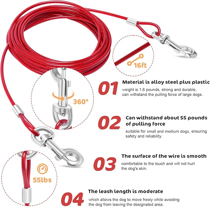 Relux Dog Tie Out Cable and Stake, 16FT Outdoor Dog Stake for Yard Training, Running, Hiking,Camping, 16 Inch Heavy Duty Dog Anchor Spiral Stake for Small to Medium Dogs(Red)