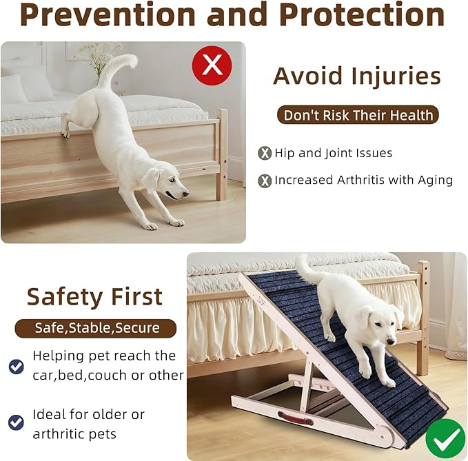ZJSF Dog Ramp for Bed,Foldable Wooden Portable Non-Slip Dog Ramp for Couch,Small to Large Pet Ramp for Cars,Stairs with High Traction Mat,6 Adjustable Height from 12.2" to 26",Supports up to 230lbs