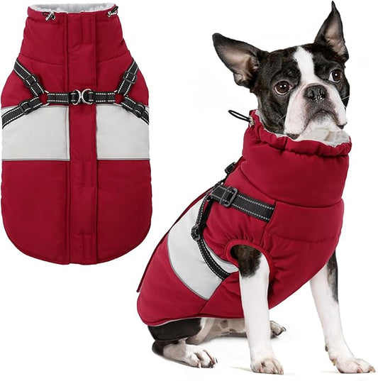 SUNFURA Dog Winter Coat, Waterproof Dog Coat Jacket with Harness for Medium Dogs Boys Girls, Reflective Fleece Lined Pet Snow Jacket Sweaters for Pug, Jack Russel, Boston Terrier, Burgundy M