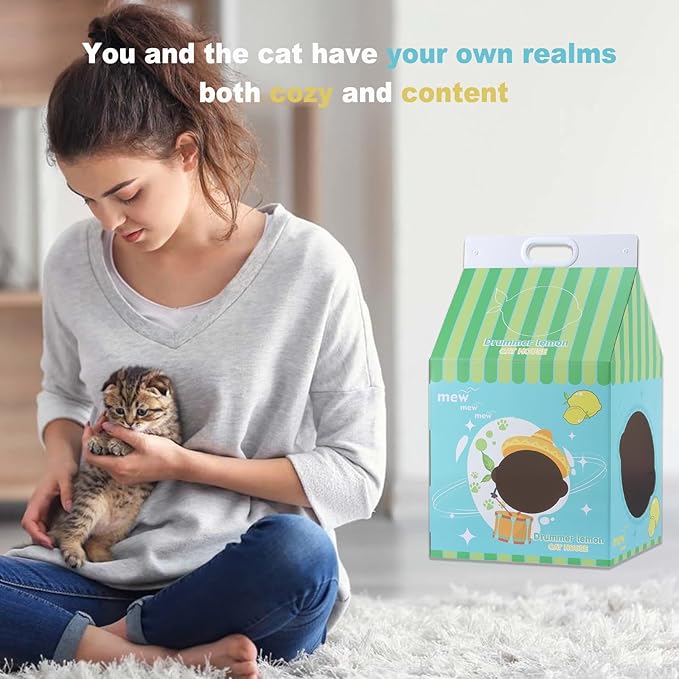 Cardboard Cat House with Scratcher – Blue Lemon Milk Carton Design, 22.5''H x 13''L x 13''W, Indoor Cat Playhouse & Hideout for Cats up to 16 lbs, Portable Handle, Corrugated Scratch Pad