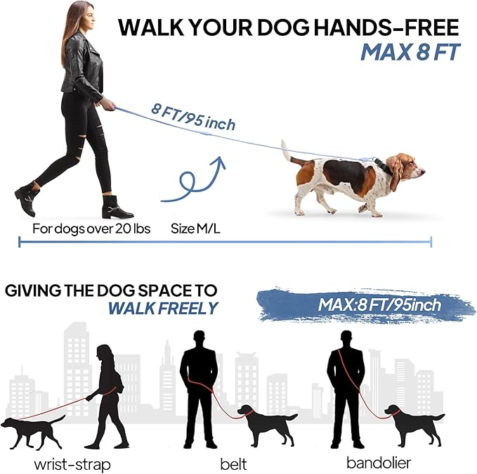 Twoear Hands Free Dog Leash Crossbody for Small, Medium & Large Dogs, 8ft Waterproof Waist Leash for Walking, Running & Hiking