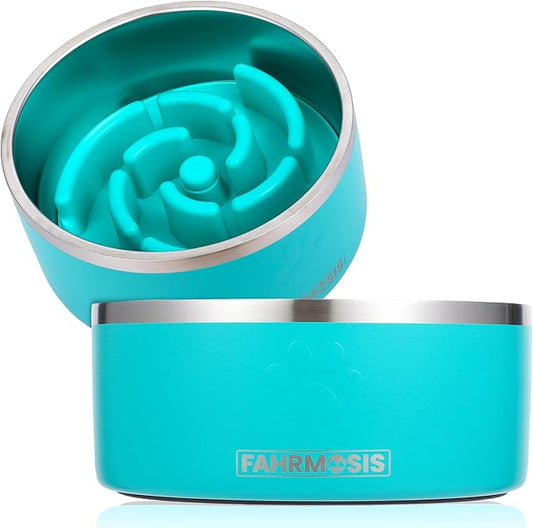 64 OZ Dog Bowl with Slow Feeder Insert Stainless Steel Pet Water Bowl for Medium & Large Breed Non Slip Rubber Base & Plastic Puzzle Feeder - Teal