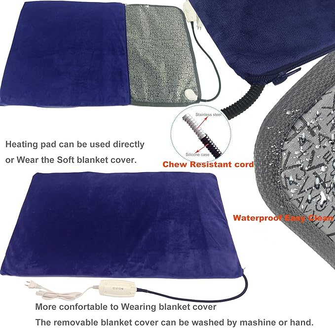 Pet Heating Pad for Large Dog Cat 34" x 21" - Electric Heated Bed With Soft Washable Cover, Water Resistant, Chew Resistant Cord - Keeps Pets Warmer