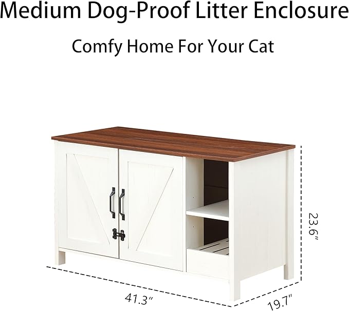 41.3'' Cat Litter Enclosure,Adjustable Shelf for Dog Proof and Storage,Locks Added for Cat,Litter Collector,Small Indoor Pet House,Antique White
