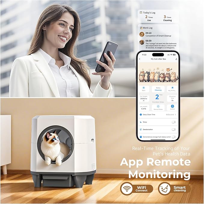 OROLEY Self Cleaning Litter Box, Large Capacity Automatic Cat Litter Box with APP Control, Safety Sensors, Built-in Deodorizing Scent Box, and 1 Roll Garbage Bags ，White