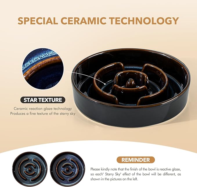 Ceramic 1.6 Cup Raised Slow Feeder Dog Bowl Set, Elevated Acacia Wood Stand for Medium and Large Dog, 8.2inch Slow Dish, Stop Bloat(Single Bowl+ Stand, Starry Sky)