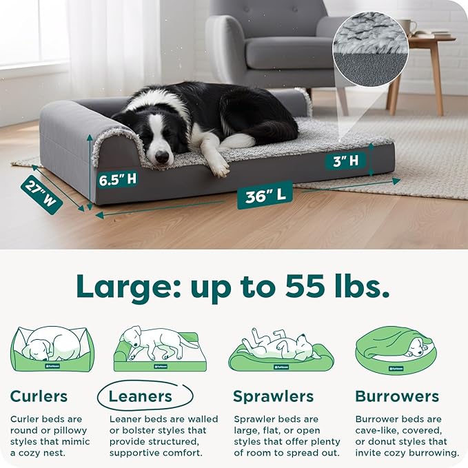 FurHaven Orthopedic Dog Bed for Large Dogs, L-Shaped Chaise Contour Mattress with Egg Crate Orthopedic Memory Foam for Joint Support, Removable Washable Cover, Large, Faux Fur & Suede, Stone Gray