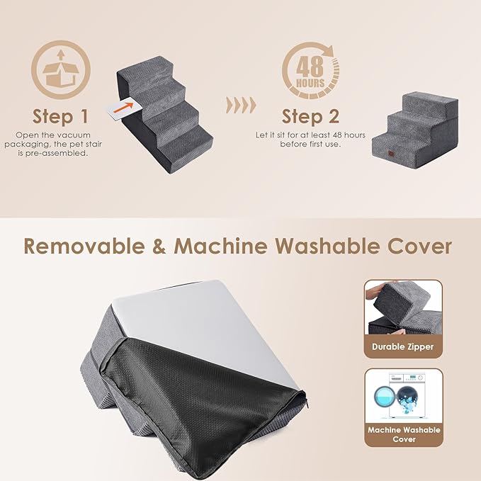 EHEYCIGA Dog Stairs for Small Dogs 13.5" H, 3-Step Dog Steps for Couch Sofa and Chair, Pet Steps for Medium Cats, Non-Slip Balanced Pet Ramp Indoor, Grey