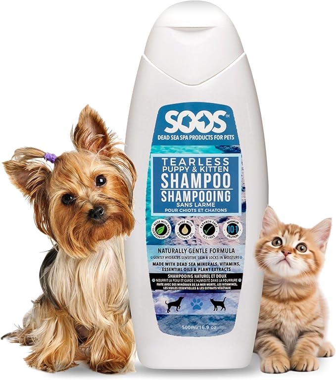 Soos Pet Tear-Less Shampoo for Puppies and Kittens | Natural Dead Sea Minerals | Fast Absorbing, Moisturizing, Gentle Skin Care | Vitamins & Essential Oils for Sensitive Skin - 500ml