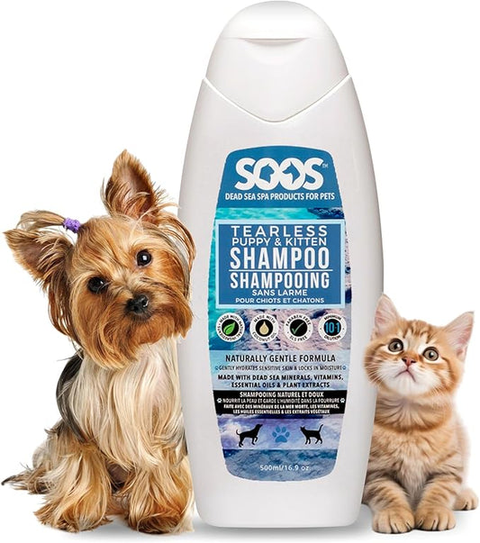 Soos Pet Tear-Less Shampoo for Puppies and Kittens | Natural Dead Sea Minerals | Fast Absorbing, Moisturizing, Gentle Skin Care | Vitamins & Essential Oils for Sensitive Skin - 500ml