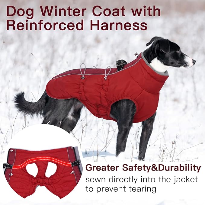 Dog Winter Jacket - 3X Large, Warm Zip Up Snowsuit Dog Harness Vest, Reflective, Water-Resistant, Red