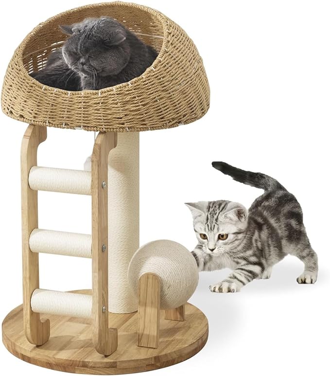 Modern Cat Tree, 30 Inch Wood Cat Tree Tower with Hand-Woven Basket Nest, Sisal Staircase and Scratch Toys, Heavy-Duty Multi-Level Indoor Tower