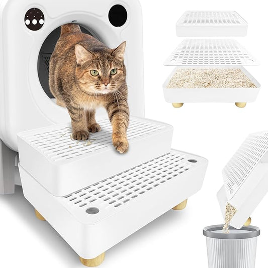 Litter Box Step,2 Steps Litter Box Ramp with Wooden Base,Cat Litter Catcher,Height-Adjustable for Small & Elderly Cats,White