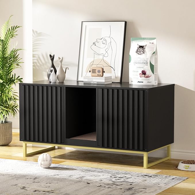 Double Litter Box Enclosure,Modern Cat Litter Box Enclosure for 2 Cats, Hidden Litter Box with Cat Scratch Pad, Cat Washroom Cat House End Table, Entryway Bench for Livingroom (Black)