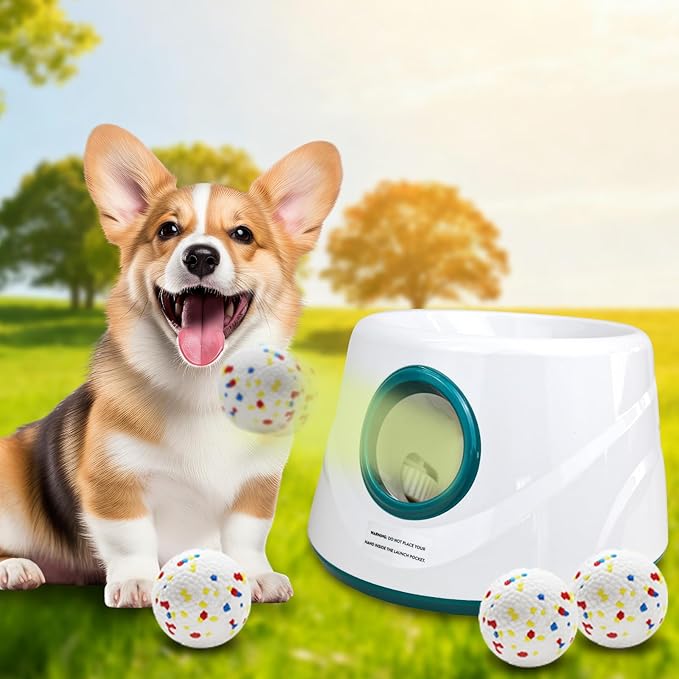 Automatic Dog Ball Launcher, Upgraded Interactive Dogs Balls Thrower for Small and Medium Dogs, Distance Adjustable Mental Stimulating Dog Toys with 4 Durable Etpu Balls 2.2 Inch (Dark Green)