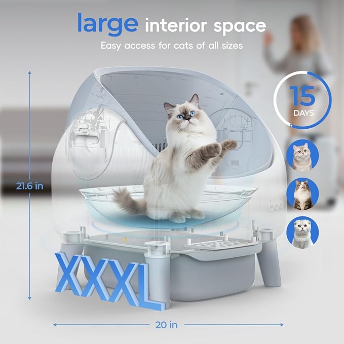 Open-Top Self Cleaning Litter Box, Automatic Cat Litter Box for Multiple Cats, APP Control, Safety Protection, Includes Trash Bags, White/Grey