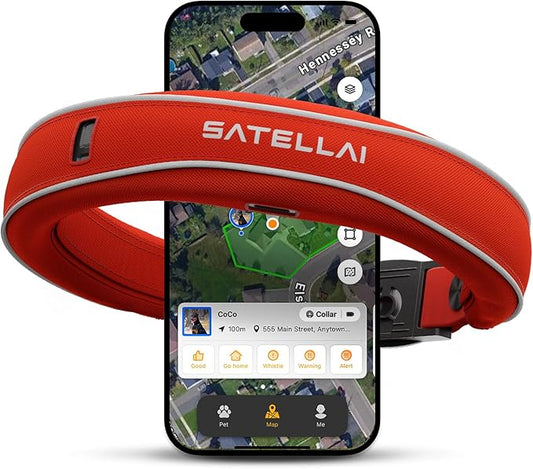 SATELLAI Dog Wireless Fences, Red The Most Advanced GPS Dog Collar with AI Analysis, Precise Positioning, 5-Day Battery, and IP68 Waterproof, Flexible Virtual Fencing for Medium & Large Dogs