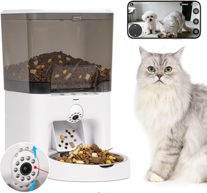 Automatic Cat Feeder with Camera, 5G/2.4G WiFi Automatic Dog Feeder, 2K HD Video and Night Vision, Remote Monitor & Feeding, Low Food Alerts,2-Way Audio, 6L Capacity, Gifts for Christmas