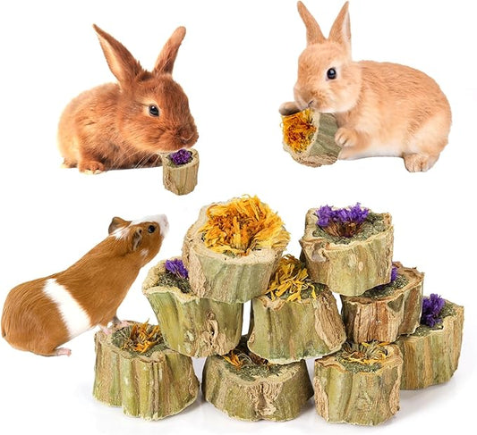 Abizoo Rabbits Chew Toys Organic Papaya Wood for Guinea Pigs Chinchillas Hamsters Small Animals Treats with Calendula Forget Me Nots and Alfalfa Hay Dental & Digestive Support No Additives 4.23oz/120g
