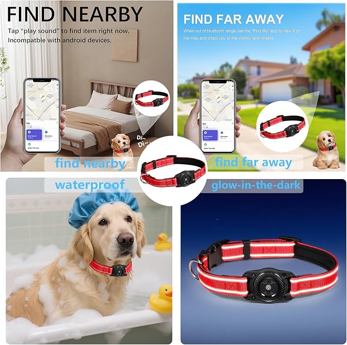 Tracking Collar for Dogs Waterproof Adjustable Air Tag Dog Collar Holder, Comfortable Dog Collars for Small Medium Large Dogs (Red, S)