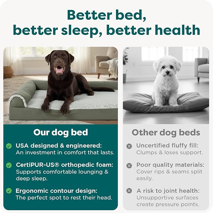 FurHaven Orthopedic Dog Bed for X-Large Dogs, L-Shaped Chaise Contour Mattress with Egg Crate Orthopedic Memory Foam for Joint Support, Removable Washable Cover, Jumbo XL, Faux Fur & Suede, Dark Sage