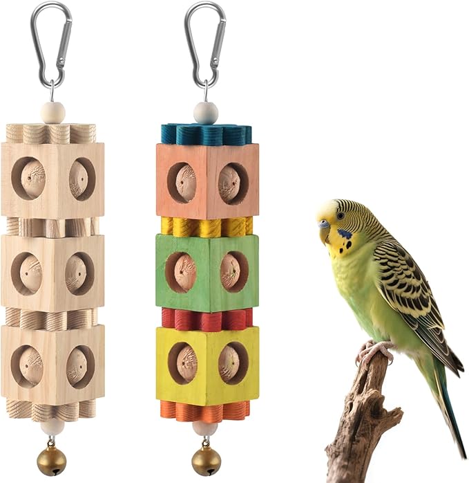 2Pcs Bird Chew Toys for Beak Grinding, Hanging Rotating Wood Block with Bell Parrot Foraging Enrichment Toy for Small to Medium Cocktiel, Conure, Caique