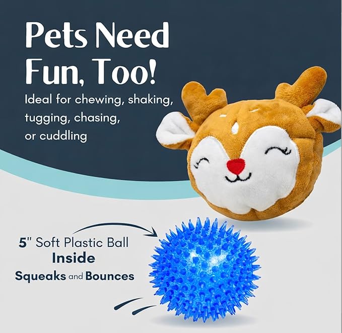 Flourish Pets 2 in 1 Large Prancer Christmas Multi-Layer Chew Toy for Active Dogs | Non-Toxic BPA Free Double Stitched Soft Fabric and Long-Lasting Dog Plush Toys (5" Prancer) (Large Prancer FBM)