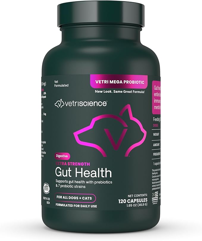 VetriScience Extra Strength Gut Health Easy-Open Capsules, Mega Probiotic and Prebiotic Digestive Supplement for Dogs and Cats, for Diarrhea and Immune Support, 7.5 Billion CFU Per Capsule, 120 Count