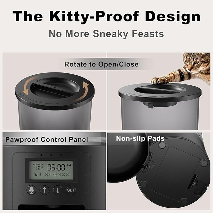 Automatic Cat Feeder for Cats and Samll Dogs,4.2L Feeder Cat Food Dispenser,Programmable Schedule,Portion Control,Up to 6 Meals/Day,10s Voice Recording,Dual Power (Black, 4.2L Press Version)