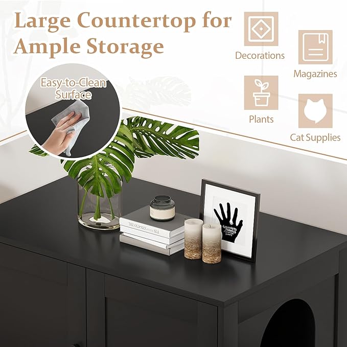 Tangkula Cat Litter Box Enclosure, Wooden Kitty Washroom Cabinet w/Winding Entry & Cat Hole, with Divider, Hidden Double Enclosed Litter Box Furniture for Living Room, Bedroom, Entryway (Black)