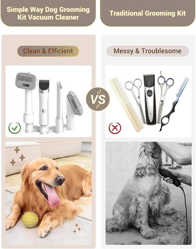 Dog Vacuum Grooming Kit for Shedding: Professional Hair Clippers Pet Groomer - Strong Suction Cleaner Deshedding Tool Fur Brush Attachment Trimmer for Home Cat (Milky)