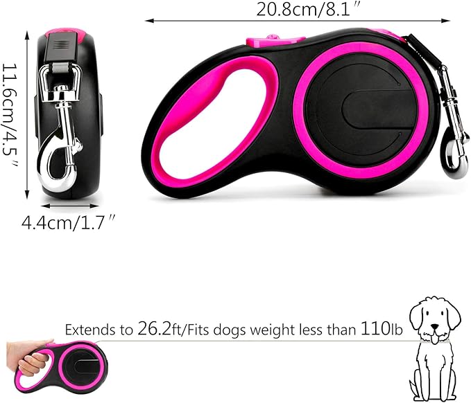 Segarty 26ft Dog Leash Retractable, Dog Leads Long for Medium Large Breed Pets Up to 110Lbs, No Tangle Nylon Tape and 1 Button Break & Lock Heavy Duty Leash for Training Running, Pink