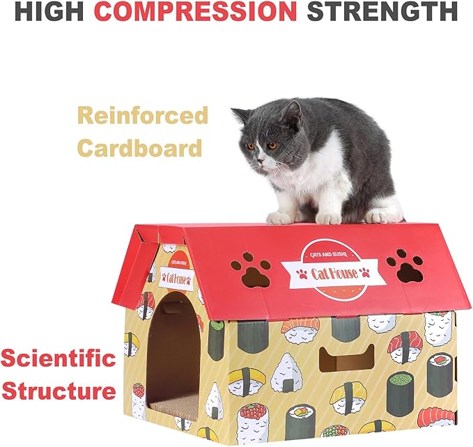 Cardboard Cat House with Scratcher – Red Sushi Design, 14''H x 18''L x 15.5''W, Sturdy Cat Playhouse for Indoor Cats up to 20 lbs, Fun Cat Hideout & Scratch Toy
