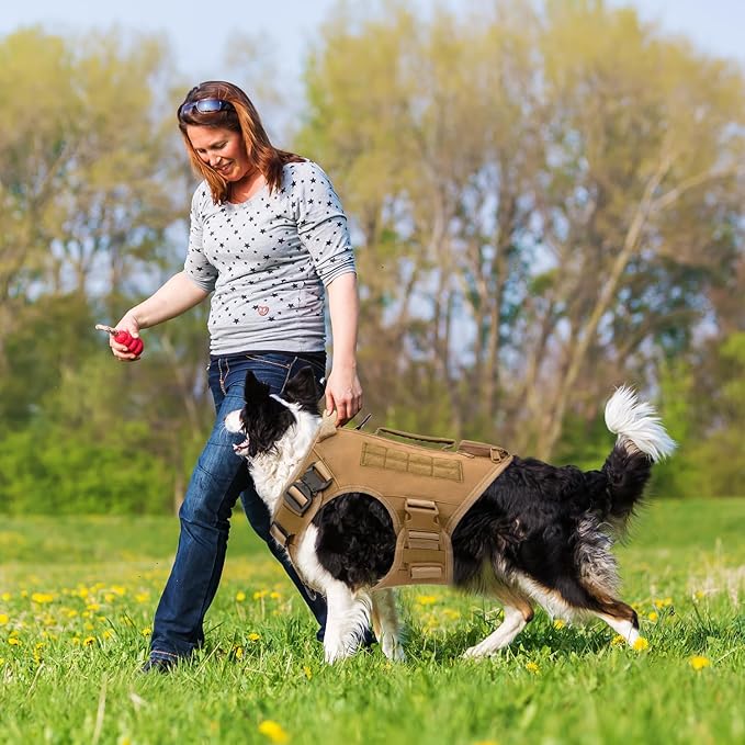 Tactical Dog Backpack Harness for Large Breed Original Design Metal Buckle Vest with Side Bags Pouches for Service Working Training (Khaki (Vest only), XL)