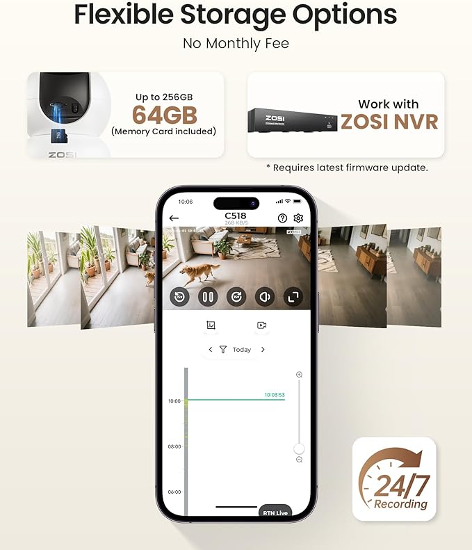 ZOSI 4K Indoor Security Camera, C518 WiFi Pan/Tilt Pet/Dog/Baby Plug-in IP Camera, Auto Tracking, AI Human/Face/Pet Detection, 360° View, Night Vision, 2-Way Audio, 5GHz/2.4GHz WiFi, 64G Memory Card