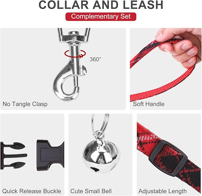 EXPAWLORER Classic Plaid Puppy Harness - Small Dog Harness and Leash Set - Dog Collar and Leash Set with AirTag Holder, Soft Padded Step in Dog Vest Harness No Pull Reflective for Outdoor, Red L