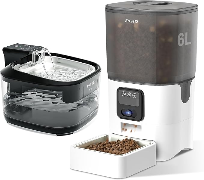 FGID Automatic Cat Feeder and Water Fountain,Cordless or Battery Cat Food Dispenser Timer Pet Feeder Dog Feeders w Camera,Programmable Portion Control, 4 Daily Meals, 10s Voice Recorder