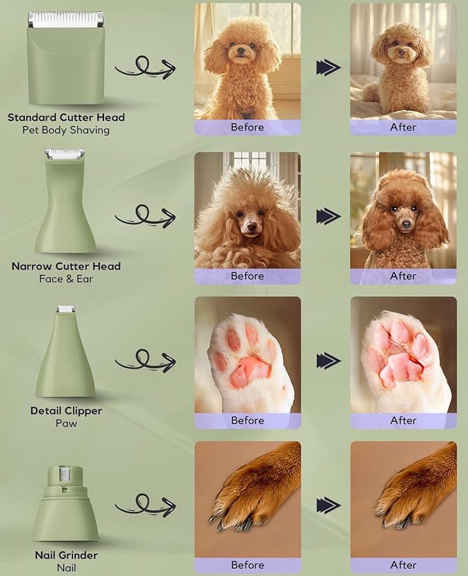 Dog Clippers Grooming Kit, 4 in 1 Quiet Cordless Dog Paw Trimmer & Nail Grinder, Small Cat Clippers Electric Rechargeable Low Noise Pet Shaver for Trimming Hair on Paw Eye Ear Face Rump, Green