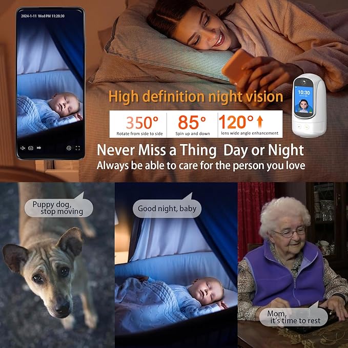 2-Way Video/Audio Security Camera Screen WiFi AI Detection Puppy/Pet/Cat/Elderly/Dog Monitor Wireless Facetime Cam Voice Phone APP Controlled Sound Video Calling Devices for Grandpa, White