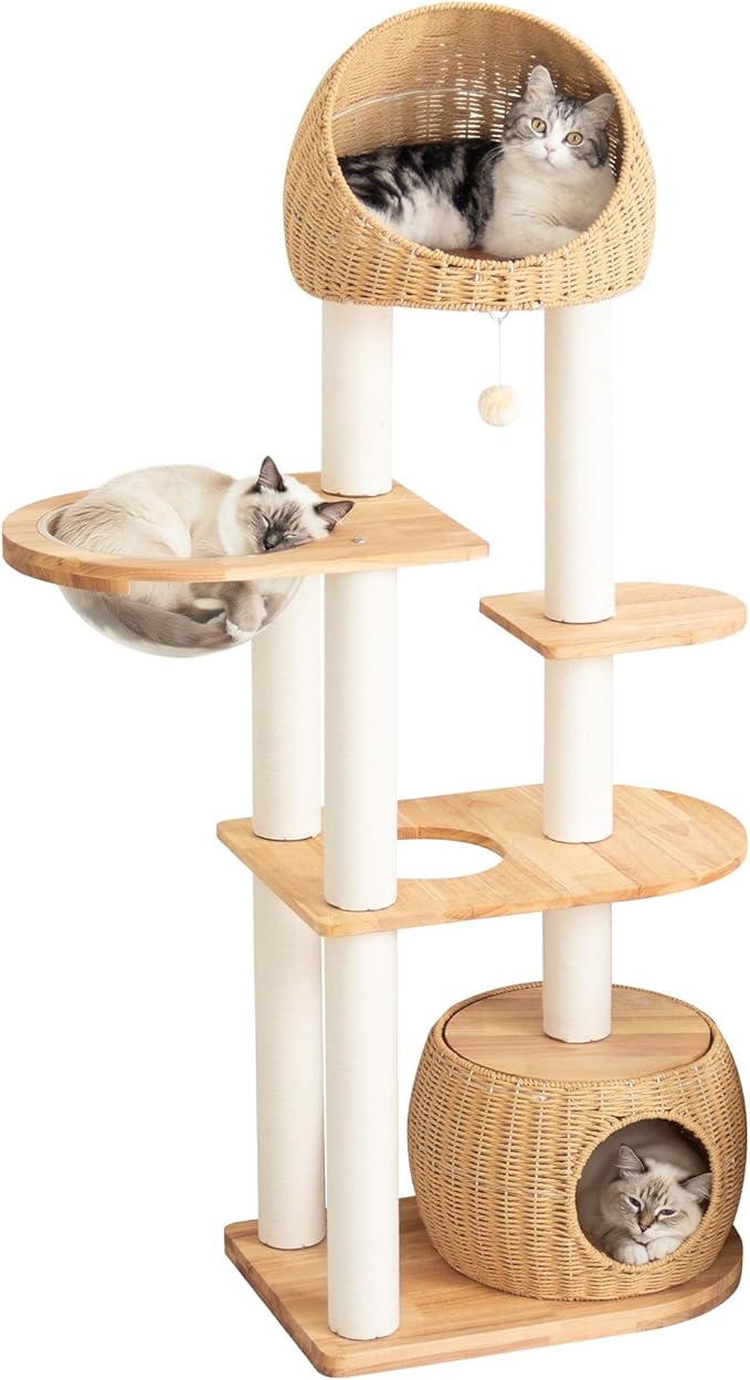 Wood Cat Tree for Large Cat, 60-Inch Tall Cat Tower with Scratching Post for Indoor Cats, Multi-Level Cat Condo with Hand-Woven Cat Bed and Acrylic Bowl Easy to Clean (Brown-81004S)