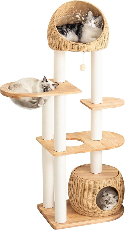 Wood Cat Tree for Large Cat, 60-Inch Tall Cat Tower with Scratching Post for Indoor Cats, Multi-Level Cat Condo with Hand-Woven Cat Bed and Acrylic Bowl Easy to Clean (Brown-81004S)
