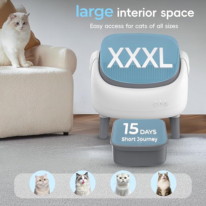 Open-Top Self Cleaning Litter Box, Automatic Litter Box with Dual Safety Sensors, Anti-Pinch Protection, Large Capacity, APP Control, White-Grey