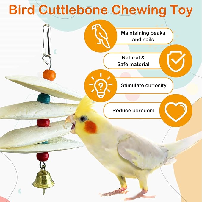3 Pack Bird Chewing Toy Cuttlebone Parrot Toy with Bell Hanging Bird Beak Grinding Stone Parakeet Cage Accessories for Small Budgies Lovebirds Cockatiels (Flake, 4 Per Skewer)
